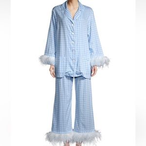 Sleeper Two-Piece Party Feather-Trim Pajama Set, Blue Gingham, Size Medium